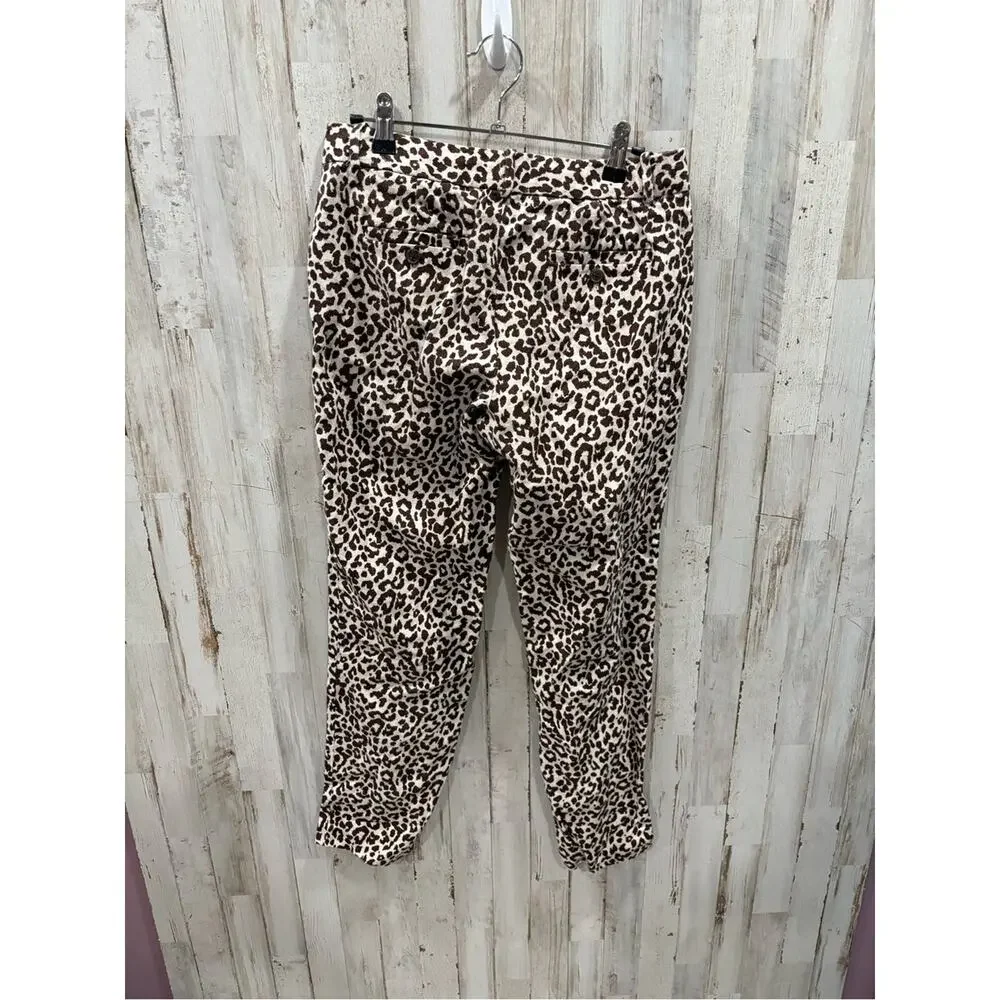 J Crew Womens 0 Pants Cafe Capri Leopard Animal Print 100% Linen Neutral